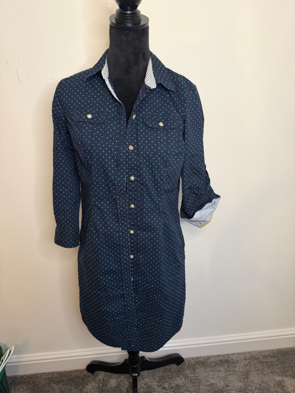 Tommy Hilfiger Navy Blue Button-Down Dress Shirt with Teal Dot Pattern
